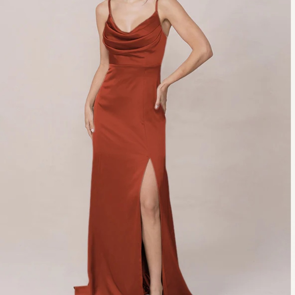 Revelry Terracotta Rust Red Cowl Neck Maxi Dress with Side Slit